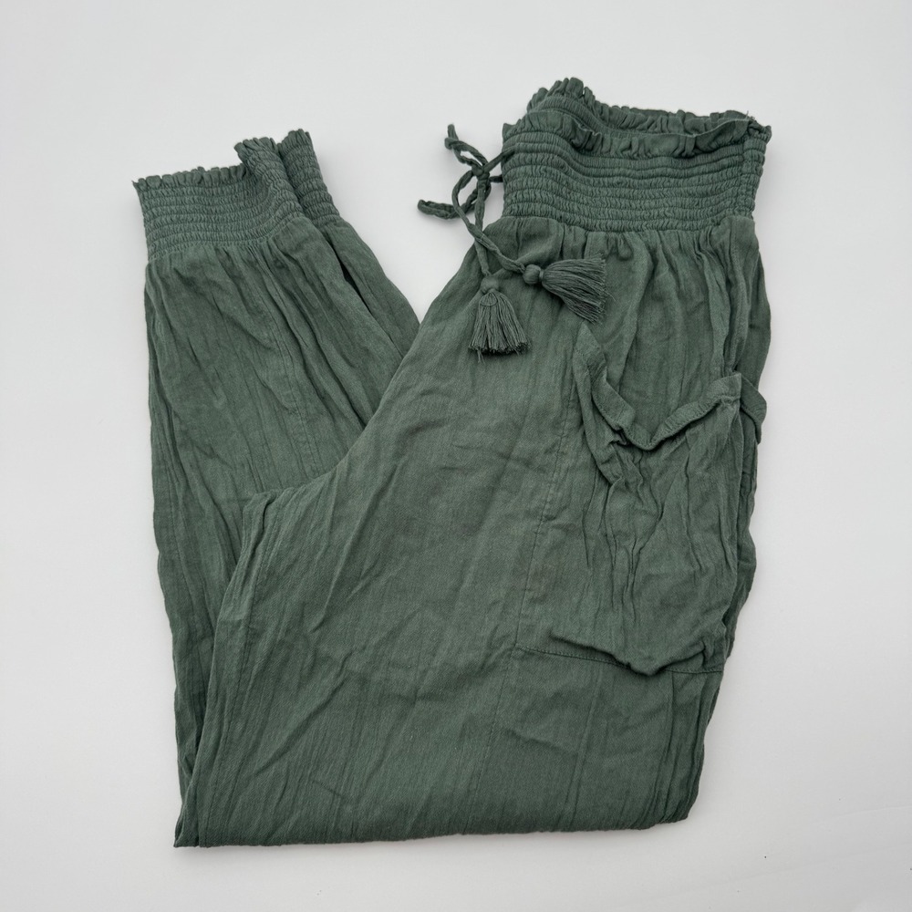 Aerie Women Smocked Waist Jogger Pants Olive Green Tassel Cargo Pocket Medium